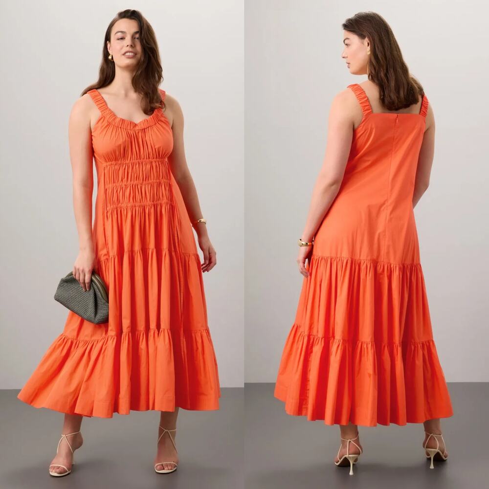 Eudon Choi Womens Midi Ruched Tiered Dress Size 12 Orange Tiered Smocked Peasant